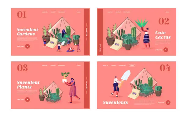 Vector illustration of Tiny Characters Grow Cacti and Succulents in Pots at Home Landing Page Template Set. Gardening, People Planting Hobby