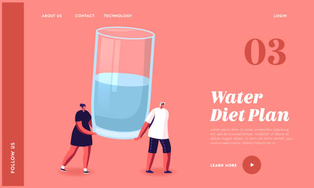 Aqua Refreshment, Wellbeing Landing Page Template. Tiny Characters Carry Huge Glass with Fresh Water. Healthy Lifestyle Pure Aqua Refreshment, Wellbeing Landing Page Template. Tiny Characters Carry Huge Glass with Fresh Water. Healthy Lifestyle. People Drinking Water for Weight Loss. Cartoon Vector Illustration drinking glass illustrations stock illustrations