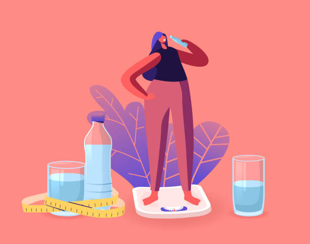 ilustraciones, imágenes clip art, dibujos animados e iconos de stock de hermosa deportista personaje en la dieta de pie en las básculas de agua potable de la botella refrescante después de la actividad de fitness - consumption scale