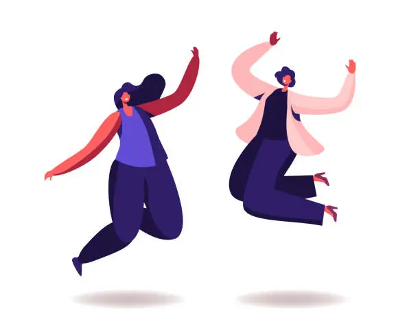Vector illustration of Happy Women Jumping on White Background. Young Joyful Female Characters Jump or Dancing with Raised Hands, Happiness