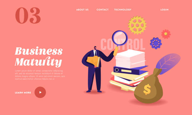 Business Maturity Landing Page Template. Tiny Businessman Male Character Holding Huge Magnifying Glass Hold Folder Business Maturity Landing Page Template. Tiny Businessman Male Character Holding Huge Magnifying Glass Hold Folder in Hands near Money Sack and Pile of Papers and Folders. Cartoon Vector Illustration mail clerk stock illustrations