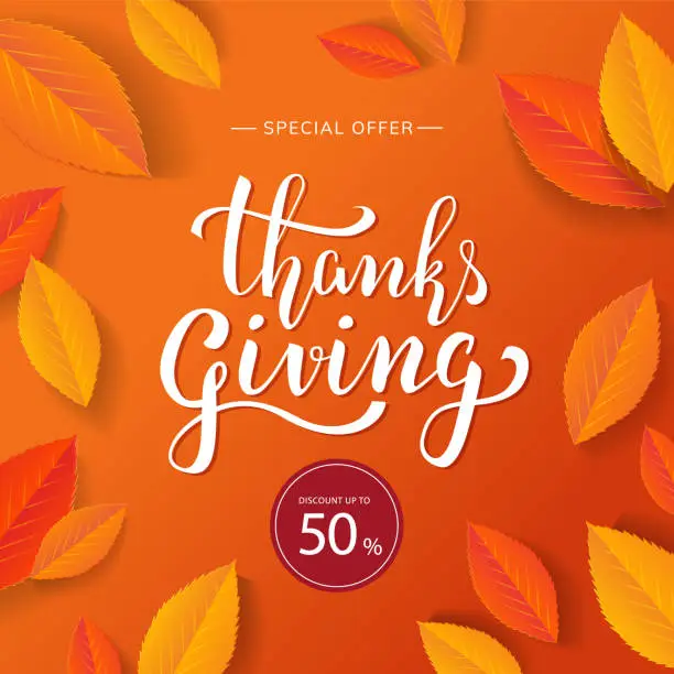 Vector illustration of Thanksgiving beautiful handwritten lettering and autumn leaves for season sale banner design. Special offer discount up to 50%. - Vector illustration
