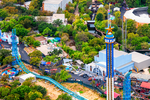 Arlington, United States - October 21, 2020:  Aerial view of the empty Six Flags Over Texas amusement park located in Arlington just outside of Dallas, Texas.  Empty due to the Covid-19 pandemic.