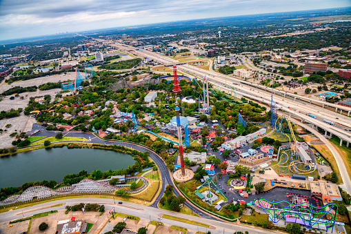 Arlington, United States - October 21, 2020:  Aerial view of the empty Six Flags Over Texas amusement park located in Arlington just outside of Dallas, Texas.  Empty due to the Covid-19 pandemic.