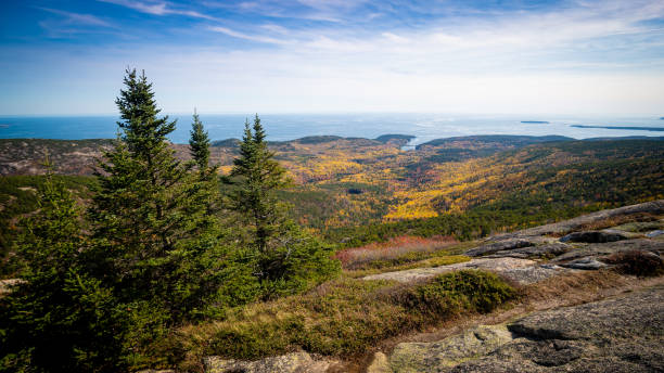 istock Rocky coastline with fall foliage and trees in foreground 1282156868