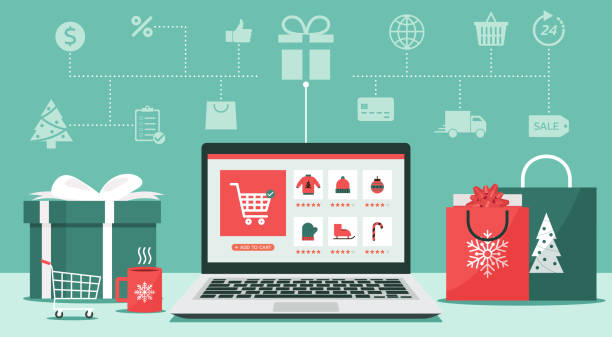 Christmas online shopping concept on laptop screen with icon Christmas online shopping concept on laptop screen with gift boxes, shopping bags, shopping cart on desk, and icon, winter holidays sales, vector illustration e commerce illustrations stock illustrations