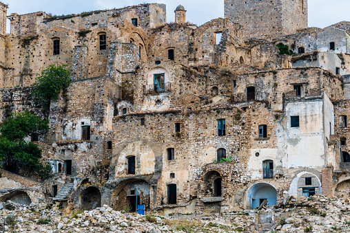 Ruins of Craco, a ghost town in the province of Matera, Basilicata, Italy