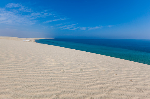 Beautiful sandy beach of Patara with blue sea, Kalkan, Antalya, Turkey. Drone view of the sandy beach, the length of the Mediterranean coast and the longest sandy beach