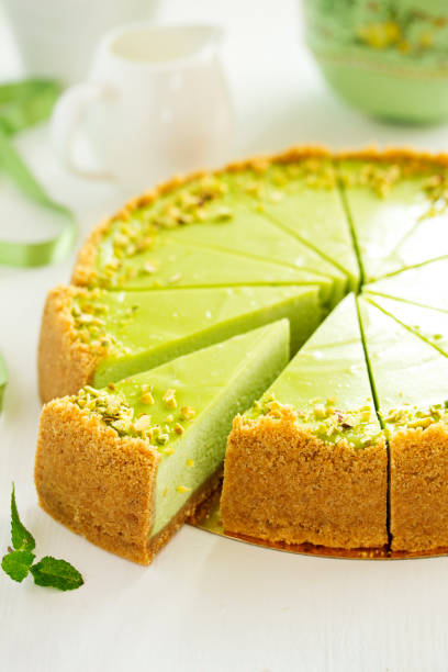 istock Pistachio Cheesecake. Homemade baking. Selective focus 1282158318
