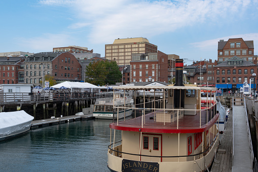 Portland, Maine - September 26th, 2019: Commercial fishing wharf in the Old Port Harbor district of Portland, Maine.