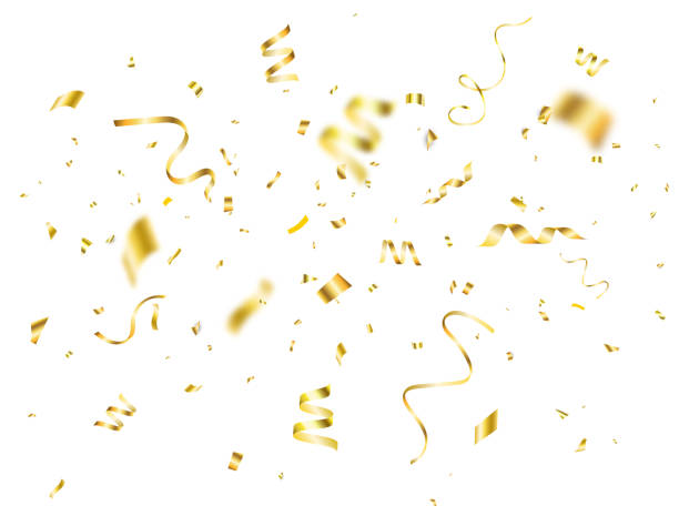 istock Celebration banner. Confetti on white background. Falling shiny gold confetti. Bright golden festive tinsel. Party backdrop. Holiday design elements for web, invitation. Vector illustration 1282162504