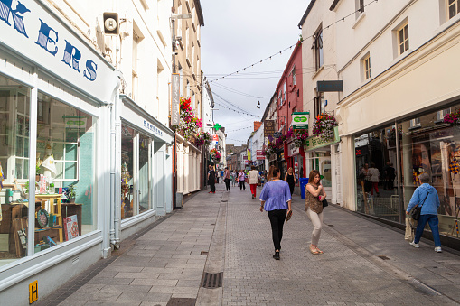 Wexford, Ireland - July 25 2019: Beautiful pedestrians only South Main Street in Wexford