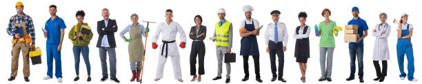 persone che rappresentano professioni diverse - manual worker full length isolated on white standing foto e immagini stock