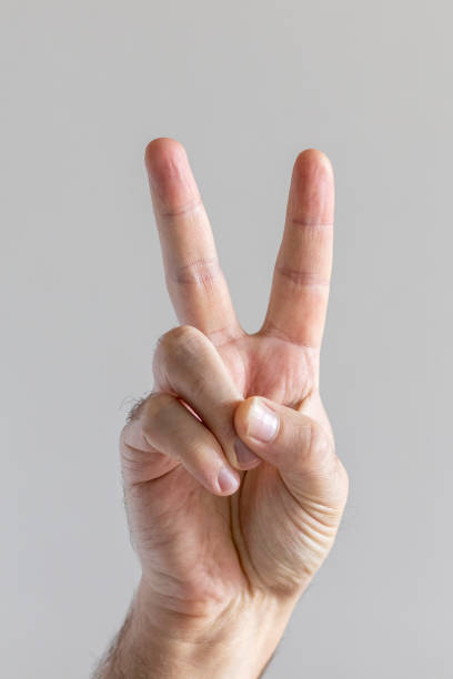 istock Male hand showing peace sign. 1282164395