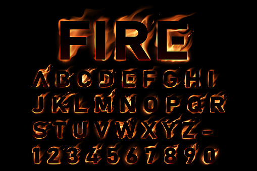 Fire alphabet on black background in vector