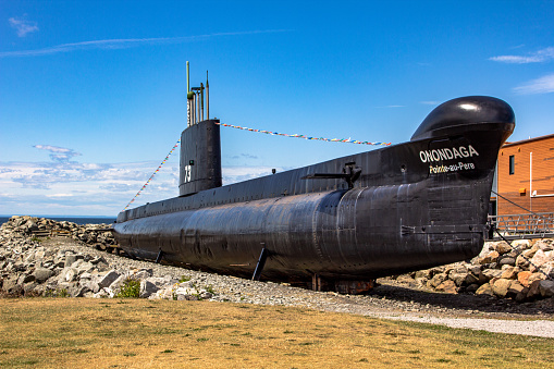 Nuclear submarine traveling underwater. Digital illustration.