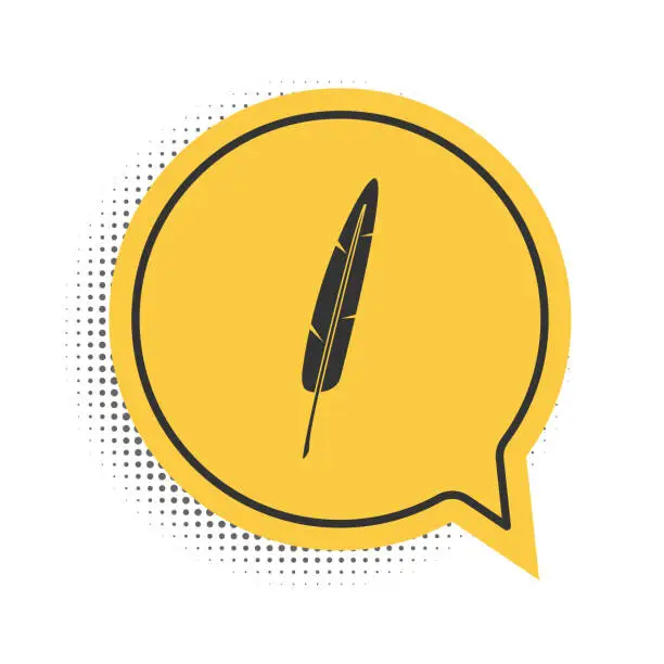 Vector illustration of Black Feather pen icon isolated on white background. Yellow speech bubble symbol. Vector