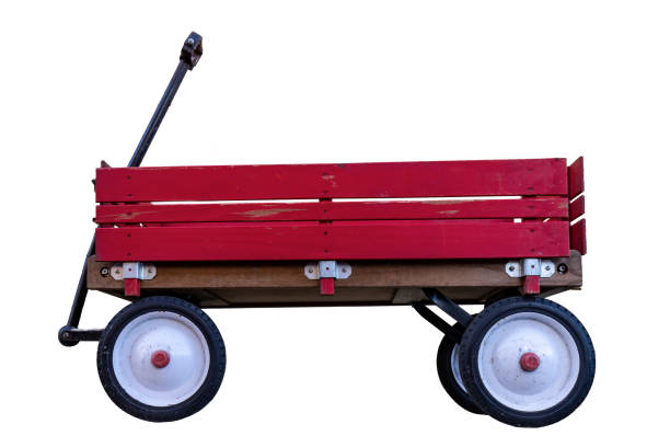 Vintage Wood Rail Red Wagon on White Background