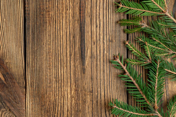 istock Fir, spruce branches on brown wooden background with copy space 1282168491