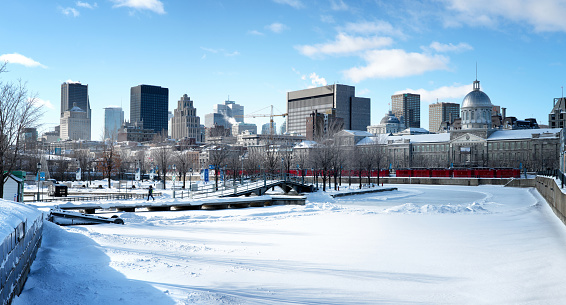 MONTREAL, CANADA - JANUARY 16: The frozen river in Old Port, Downtown Montreal. The area gets used for skating but is abandoned due to particularly cold temperatures. 16 January 2015 In Montreal