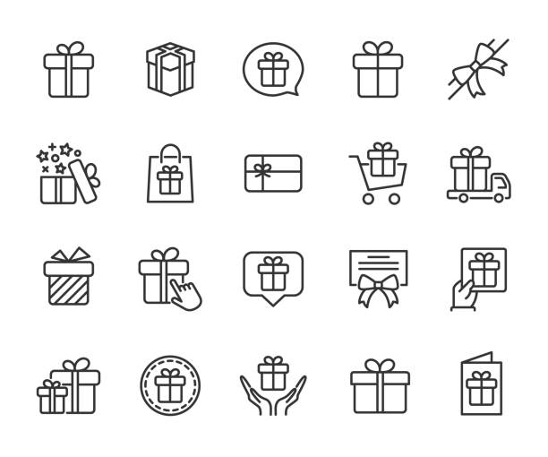 ilustraciones, imágenes clip art, dibujos animados e iconos de stock de conjunto vectorial de iconos de línea de regalo. contiene iconos de caja, arco, sorpresa, certificado, tarjeta de regalo y más. pixel perfecto. - regalo