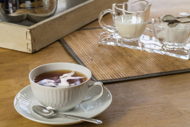 Cup of tea wooden table.
