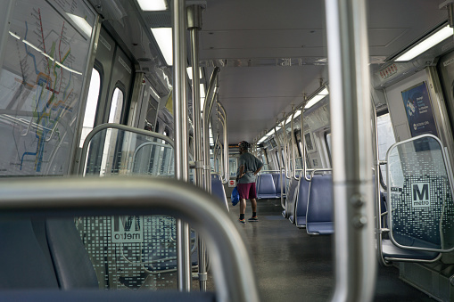 Washington Area Metro, DC-Virginia, USA, October 23, 2020: Almost empty train during Covid-19 pandemic when the ridership has been dramatically reduced.