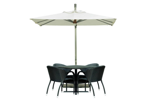istock Outdoor Dining Table and Chairs with Square Umbrella Isolated on White Background 1282173728