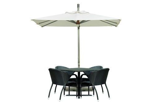 Outdoor Dining Table and Chairs with Square Umbrella Isolated on White Background