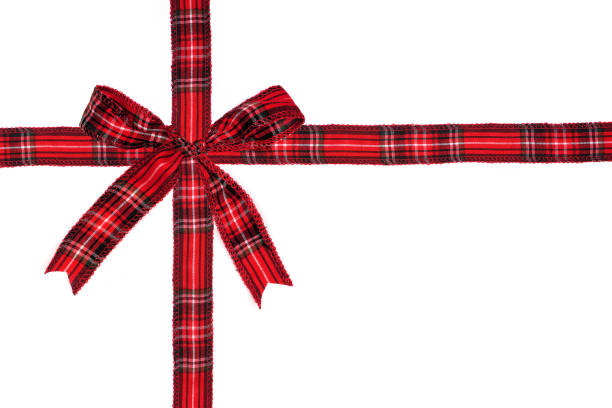istock Red plaid Christmas gift bow and ribbon arranged as wrapped gift box isolated on white 1282175098
