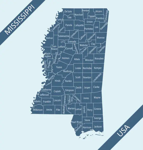 Vector illustration of County map of Mississippi