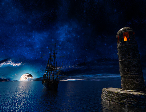 Velero pirata cerca del antiguo faro con fuego a la luz de la luna photo