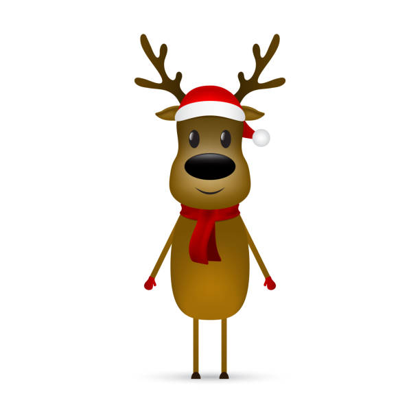 istock Christmas reindeer with a scarf and a santa claus hat stands on a white background. Vector illustration for a festive design 1282175870