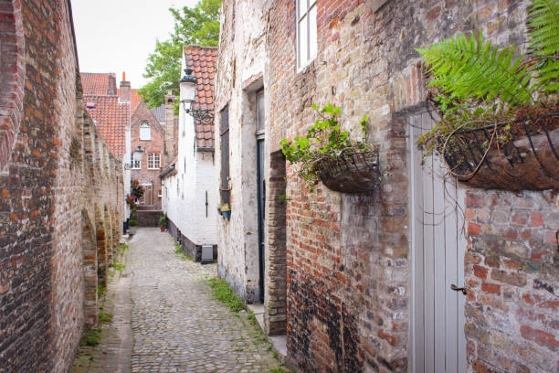 calle medieval estrecha vacía entre casas de ladrillo en brujas, bélgica - bruges town hall fotografías e imágenes de stock