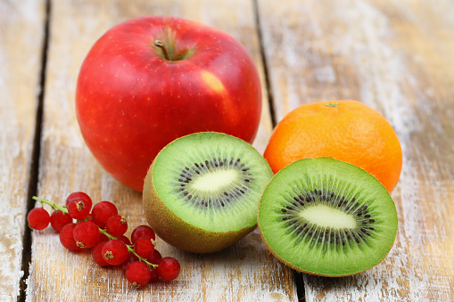 Fresh fruit: kiwi, apple, mandarine and red current - best source of vitamin C