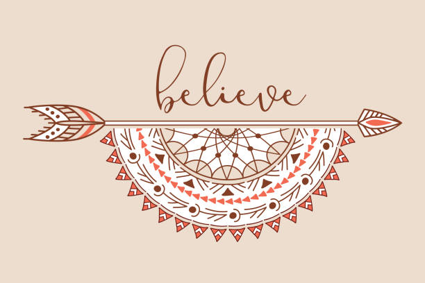 Boho dreamcatcher with text. Vector ethnic tribal arrow. Boho style arrow with inspirational quote. Tribal vector dreamcatcher. Native American ethnic design. Bohemian indian element. dream believe tattoo stock illustrations