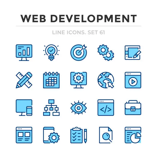 Vector illustration of Web development vector line icons set. Thin line design. Outline graphic elements, simple stroke symbols. Web development icons
