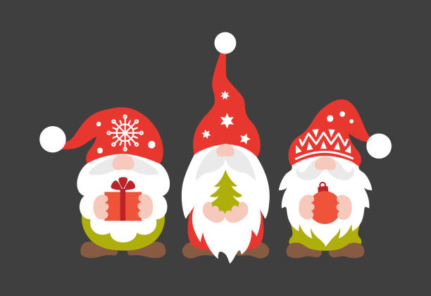 Cute Christmas gnomes. Vector festive illustration for the new year. Christmas gnome vector. Cute scandinavian gnomes in santa hats in cartoon style. Greeting Christmas card with Scandinavian holiday characters isolated on dark background. Gnome stock illustrations
