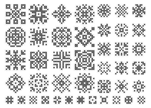 ścieg krzyżowy świąteczne płatki śniegu i wzory. sot elementów wektorowych. - silhouette cross shape ornate cross stock illustrations