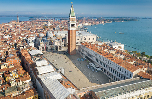Aerial of the famous Piazza and Basilica di San Marco, Venice, Italy