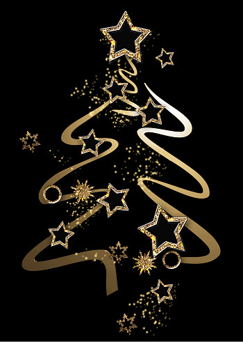 Gold Christmas tree with stars on a black background. Beautiful Christmas background.