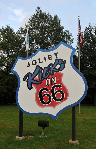 Joliet, IL, USA, September 28, 2019: The Joliet Kicks on 66 sign greets visitors to the Route 66 Park in Joliet. The historic road runs through the heart of the city, situated southwest of Chicago.