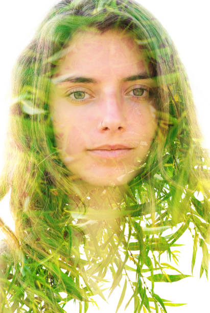 istock Young woman double exposure portrait with leaves 1282182910
