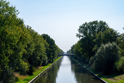 View on Beatrix canal near Eindhoven in sunny day, waterways of North Brabant, Netherlands