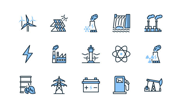 ikony płaskiej linii elektrowni ustawiają kolor niebieski. stacja wytwarzania energii. ilustracja wektorowa alternatywnych odnawialnych źródeł energii zawarte energii słonecznej, wiatrowej, wodnej, pływowej, geotermalnej i biomasy. edytowalne obrysy - diesel factory water sun stock illustrations