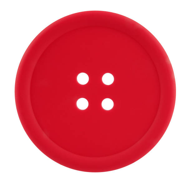 This is a classic round red button with four holes isolated on white background.