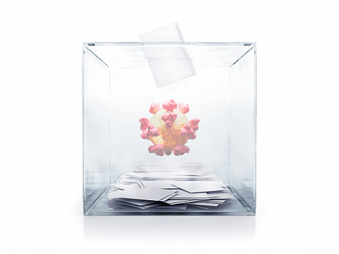 Front view of transparent ballot box with votes and COVID virus inside on white background, 3d render