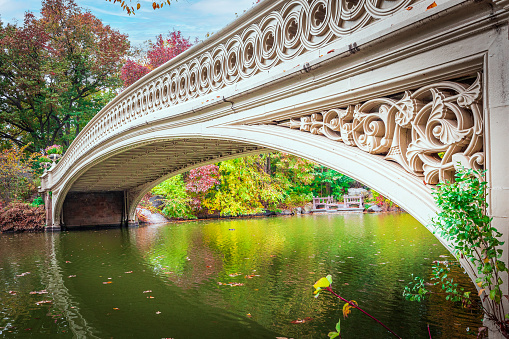 Central Park in autumn with Bethesda Terrace and Midtown skyscrapers. Manhattan, New York City