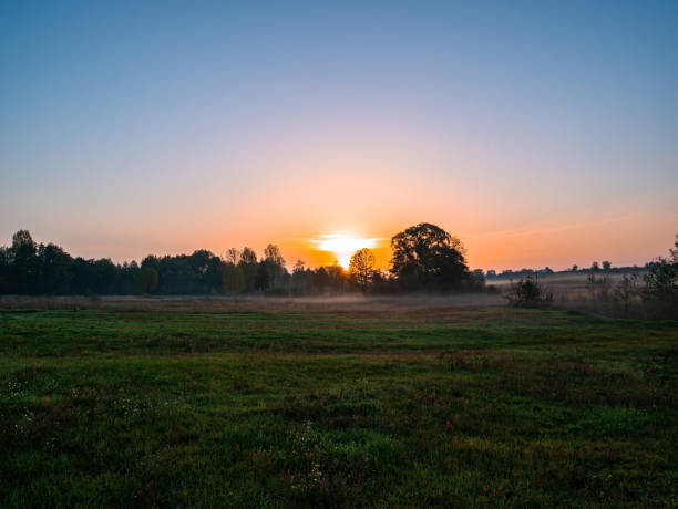 istock Orange sunrise over a meadow in fog. 1282194734
