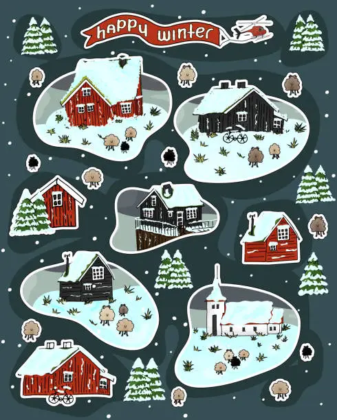 Vector illustration of Set of snowy wooden scandinavian houses with grass on the roof, christmas trees, sheep, Happy winter text with helicopter
